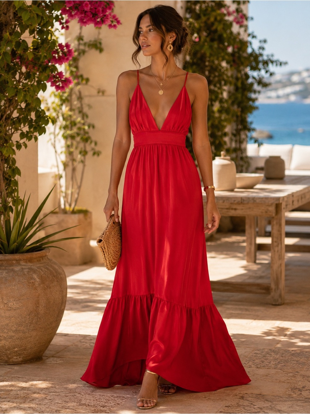 TNWT Timathous Boutique Red Maxi Dress Crisscross Back Size Small